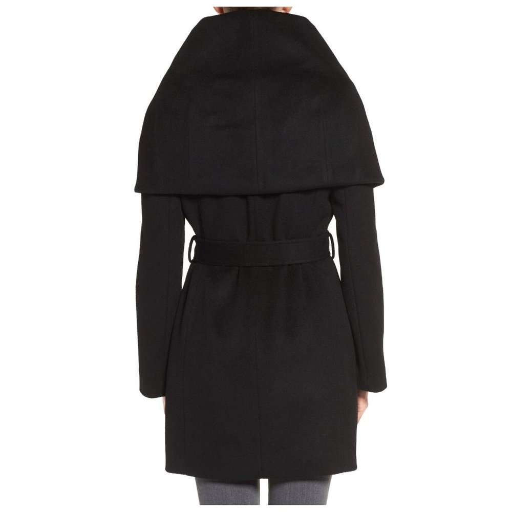 $370 Tahari Wool Blend Belted Wrap Coat shawl collar Black Jacket Winter S/M/L - Picture 5 of 8